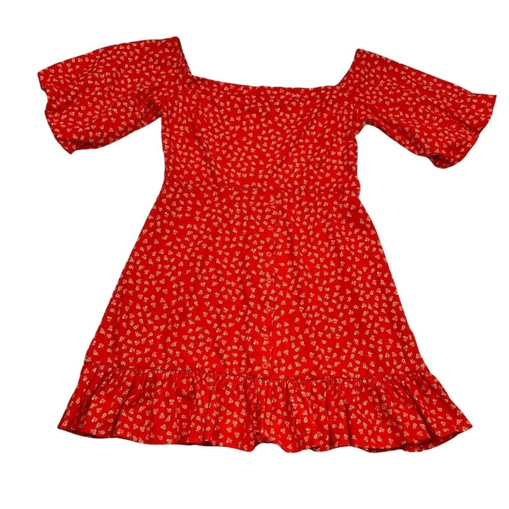 ASOS Red Floral Square-Neck Ruffle Hem Tunic